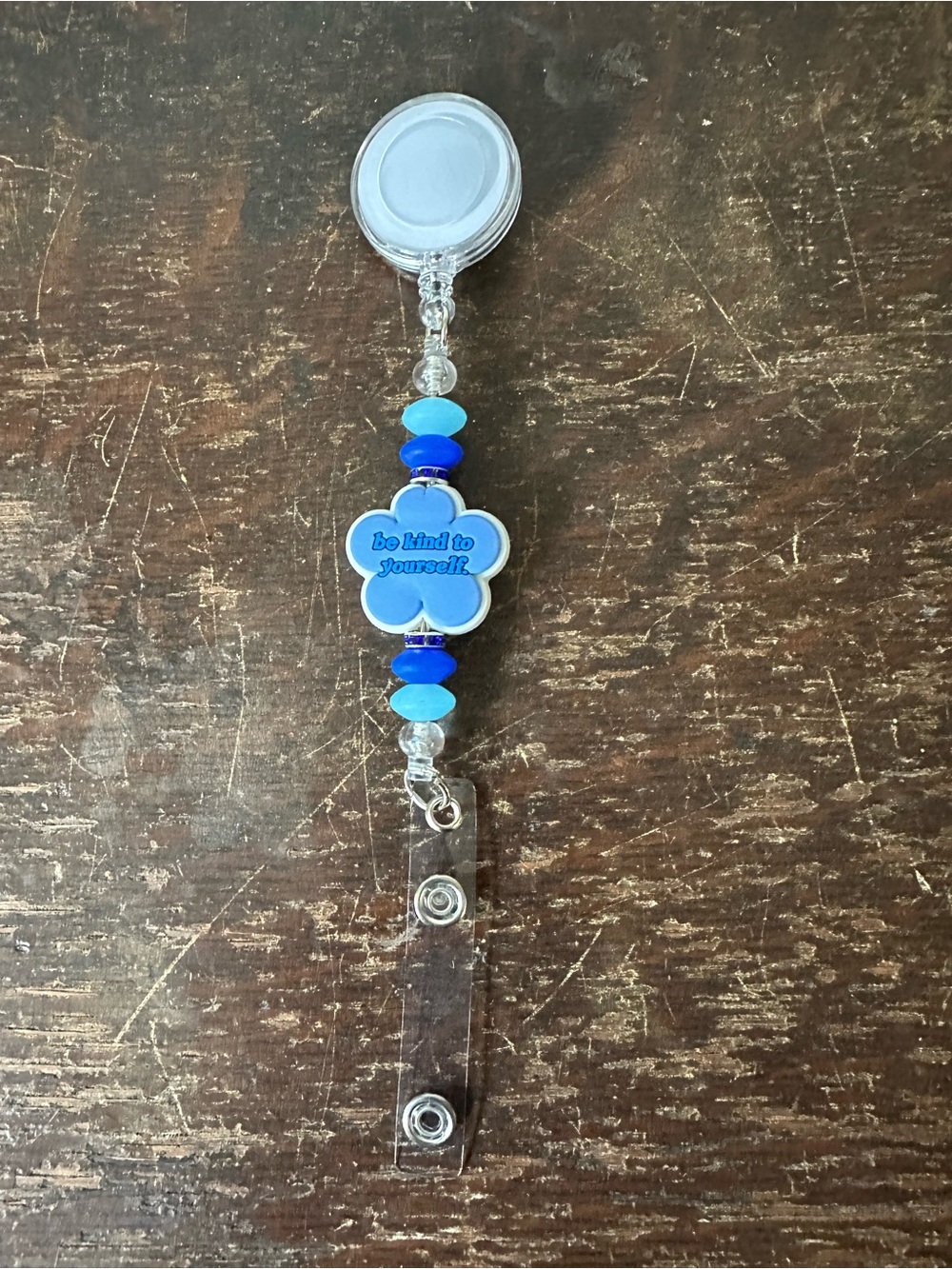 Handmade Blue Beaded Badge Reel - "Be Kind to Yourself"